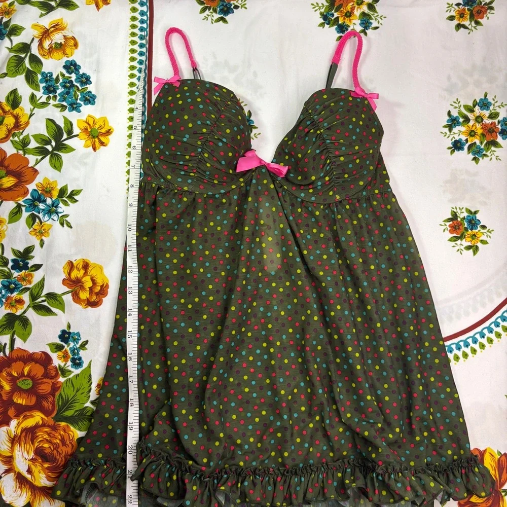 La SENZA sz M Green & Multicolour Polka Dot Chemise with Pink Straps & Bow - Picture 8 of 9